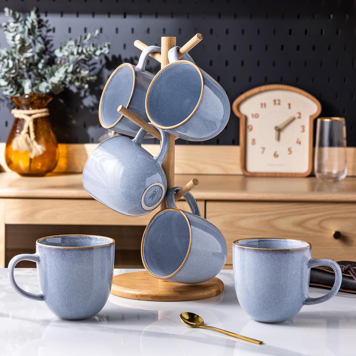 AmorArc 12oz Coffee Mugs, Ceramic Coffee Mugs set of 6 for Man, Woman, Dad, Mom, Modern Coffee Mugs with handle for Latte/Cappuccino/Milk/Cocoa. Dishwasher&Microwave Safe, Blue-Reactive Glaze